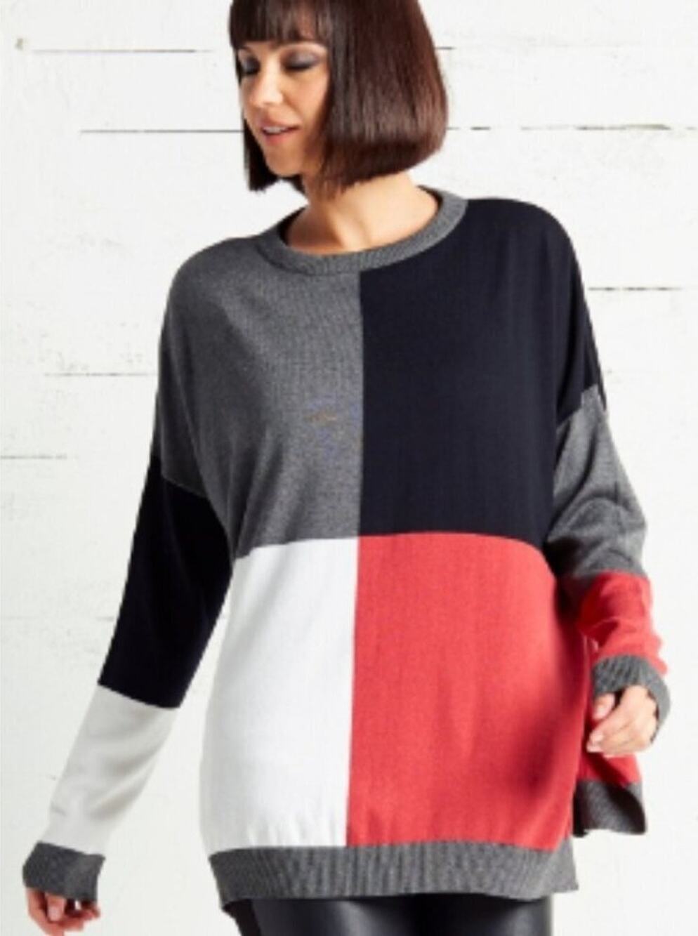 Planet by Lauren G Colorblock Pima Cotton Sweater - Gray Black Red OS